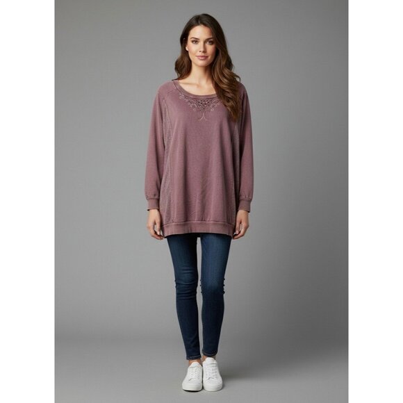 Vtg 90s B.L.E.U. Mauve Pink Lace & Studded Slouchy Sweatshirt | Y2K Grunge Boho - Picture 15 of 16